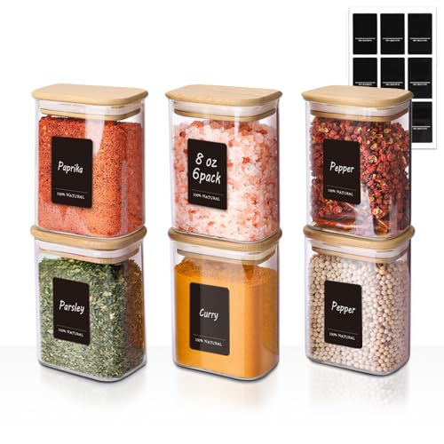 Comsaf Spice Jars with Label，8 oz Small Glass Jars with Lids, 6 Pcs Seasoning Containers...