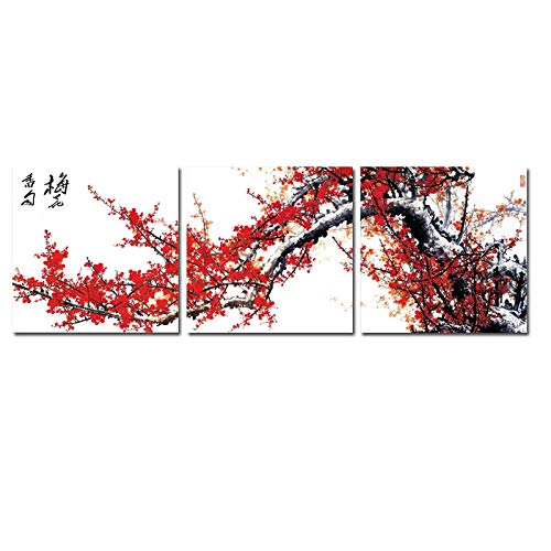 Toile Murale Salon Fleur de Prunier Rouge : Triptyque Chinois pour Ambiance Zen