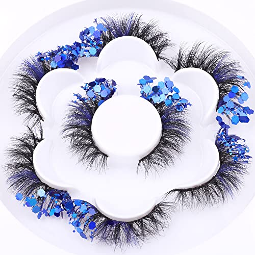 Fluffy Colored Lashes Mink Thick False Eyelashes Wispy 5D Long Dramatic Fake Eye Lashes Pack Decorative Blue Glitter Faux Mink Eyelashes 4 Pairs #TOP6