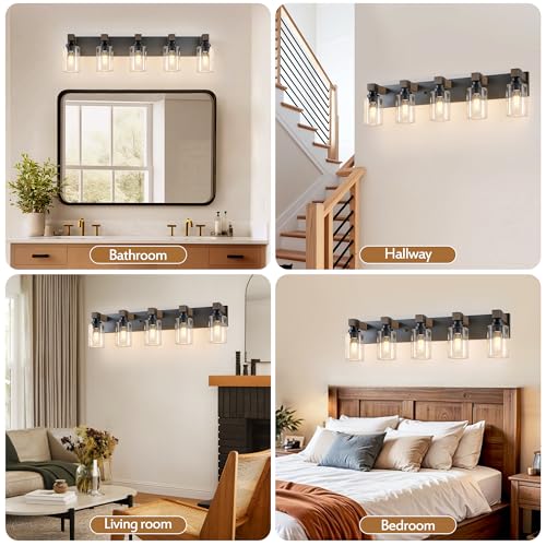 Image of Farmhouse Bathroom Vanity Light Fixtures, Rustic 5-Light Wood Vanity Lights for Bathroom, Vintage Black Wall Sconces Lighting, Light fixtures Over Mirror, with Glass Shade
