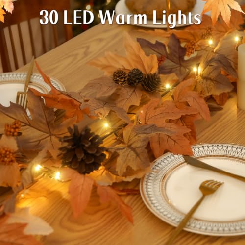 6 Ft Fall Garland with Lights & Timer, Thanksgiving Fireplace Mantel Decor - image 3