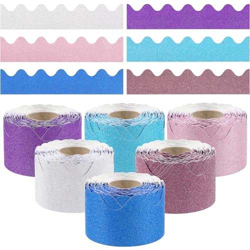 Aodaer 6 Rolls 390 Ft Glitter Bulletin Board Borders Set Colorful Scalloped Rolled Border Trim Shiny Classroom Bulletin Board Decorations for School Office Home DIY Birthday Party Decor, Winter Color