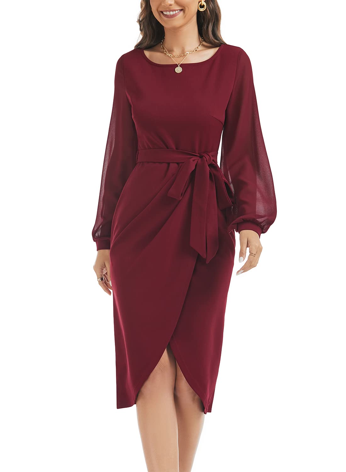 HELYO Womens Elegant V-Back Chiffon Long Sleeve Sheath Dresses Belted Ruched Casual Work Cocktail Party Midi Dress