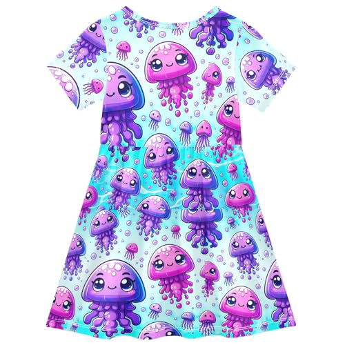 CHIFIGNO Cute Cartoon Jellyfishes Teal Girls Dress Short Sleeve Casual Summer Dress Crewneck Summer Clothes for Girls2