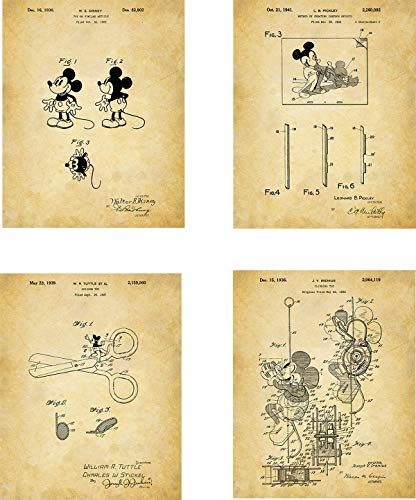 Mickey Mouse Cartoon Patent Wall Art Prints - set of Four (8x10) Unframed - wall art decor for music lovers