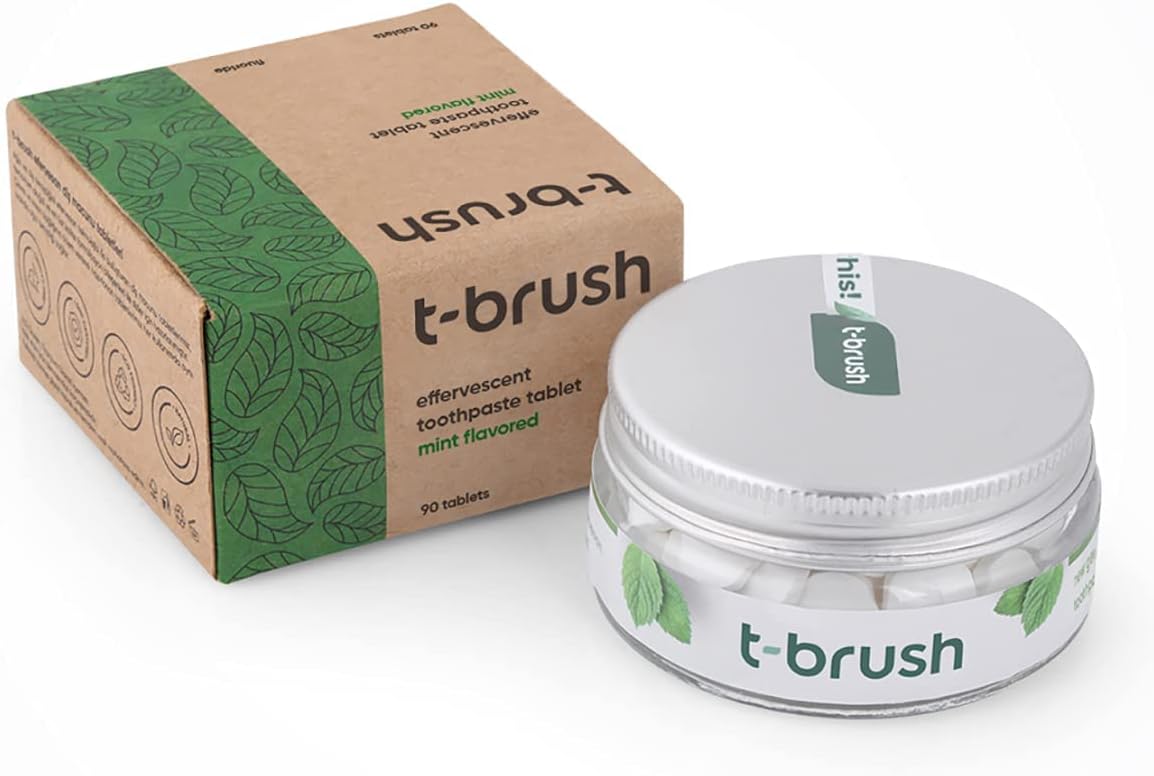 TBRUSH Vegan Toothpaste Tablets | 90pcs Spearmint | with-Fluoride 1400 ppm | Whitening, Anti-Cavity |%100 Natural Sustainable | Plastic, Gluten, Glycerin, SLS Free
