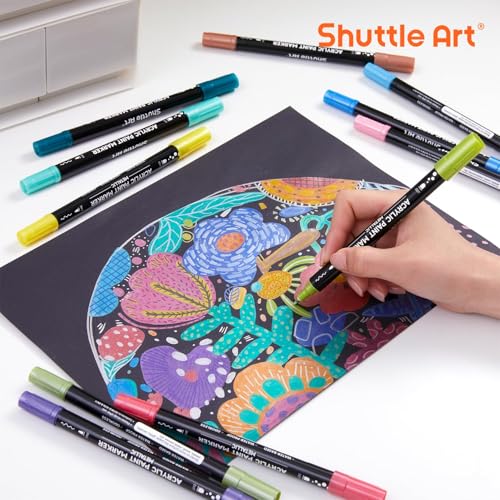 Image of Shuttle Art 28 Metallic Colors Dual Tip Acrylic Paint Markers, Brush Tip and Dot Tip Acrylic Paint Pens for Rock, Ceramic, Wood, Canvas, Plastic, Glass, Stone, Calligraphy, Card, DIY Football Crafts