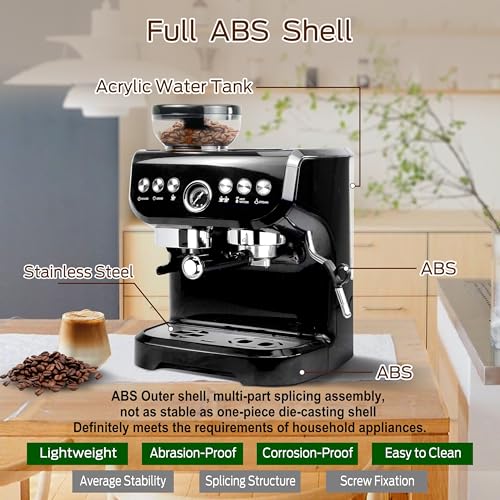 Espresso-Kaffeemaschine mit Bohnenmühle und Milchaufschäumer, 15 Bar, Espressomaschine, Dampfstab für Cappuccino, Latte, Americano für Weihnachten, Halloween, Ostern, 2 l Wassertank, 1450 W (schwarz)