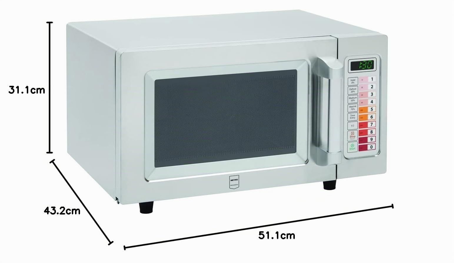 METRO Professional Micro-ondes GMW1125, Inox, 51.1 x 43.2 x 31.1 cm, 1000 W, 25 L, 100 Programmes, Minuterie 60 minutes, Commande tactile, Argenté