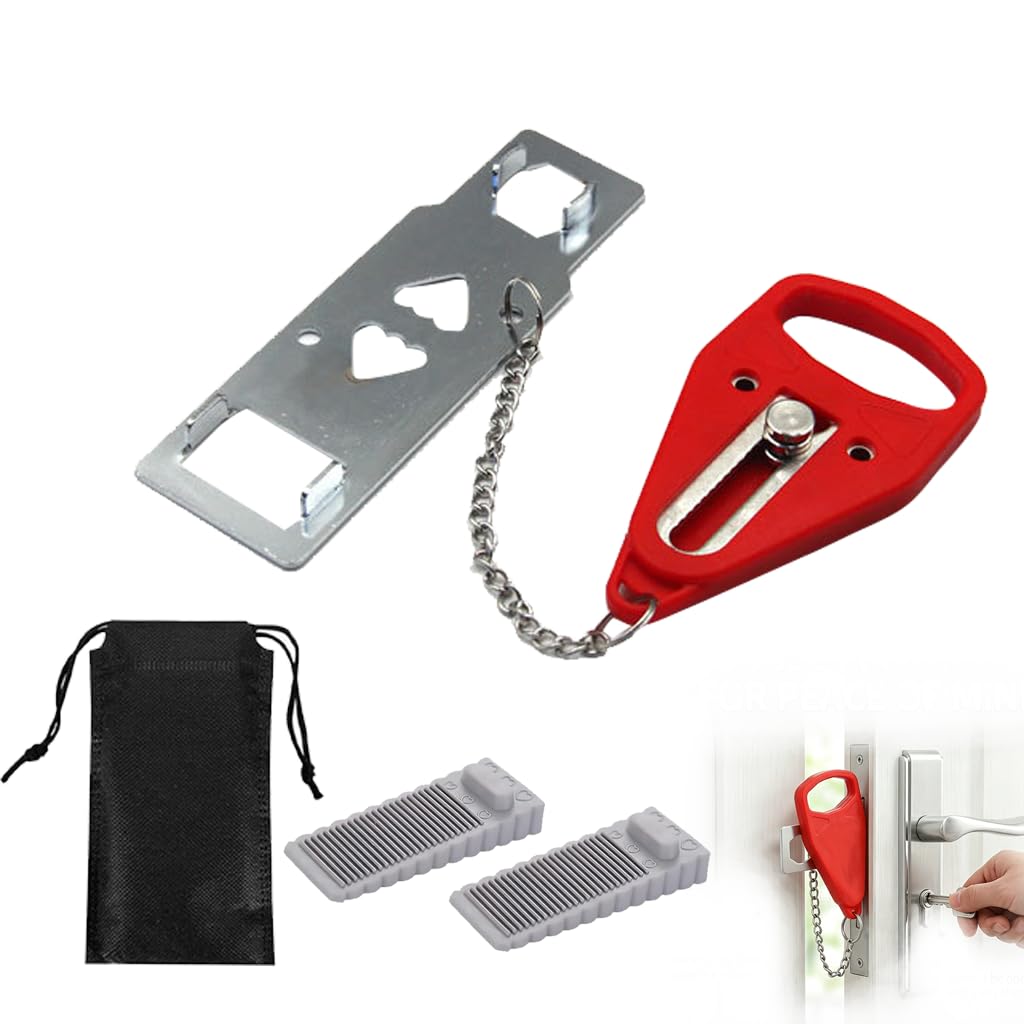 3 Piece Portable Door Lock Travel Security Kit, Hotel Door Lock with 2 Door Stoppers, Privacy Protection Device for Women, Solo Travellers and Students, Extra Home Safety Lock Set with Storage Pouch