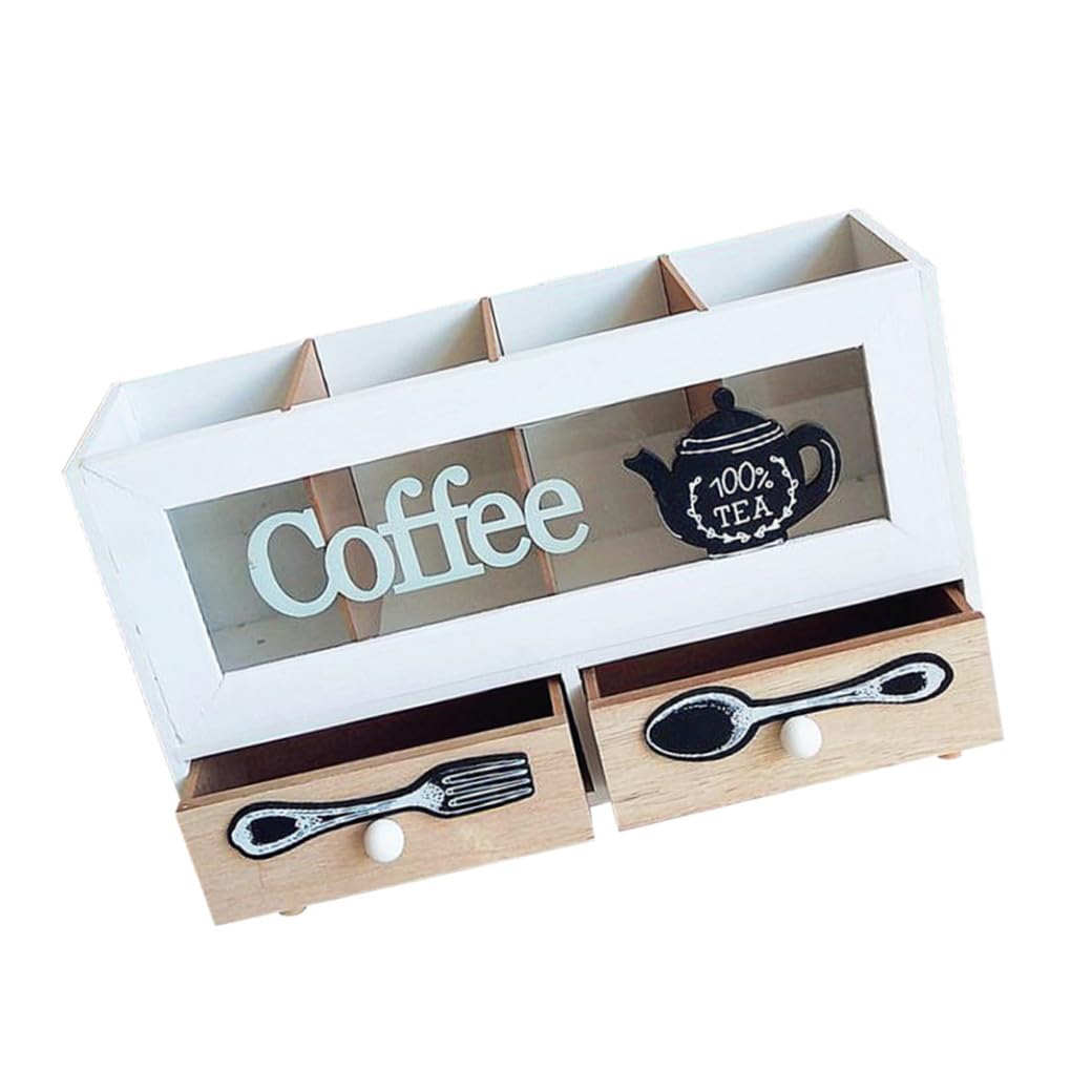Angoily Zweilagige Kaffeebox mit Schublade und Sichtfenster Retro Aufbewahrungsbox für Geschirr Desktop Organizer für Tee und Kaffee Zubehör Weiß