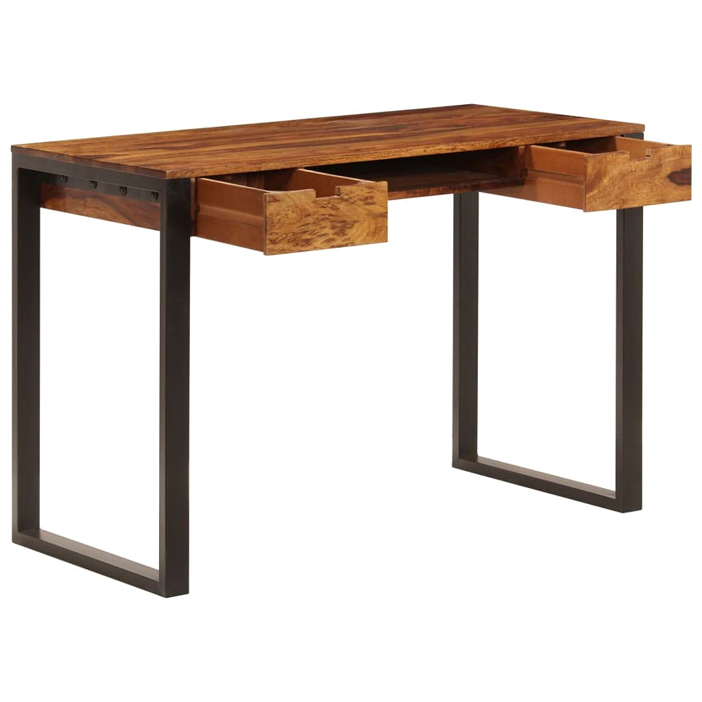 Escritorio 110 x 55 x 78 cm, madera maciza de acacia, patas de acero, con 2 cajones, bandeja para teclado, para oficina y hogar, pulido