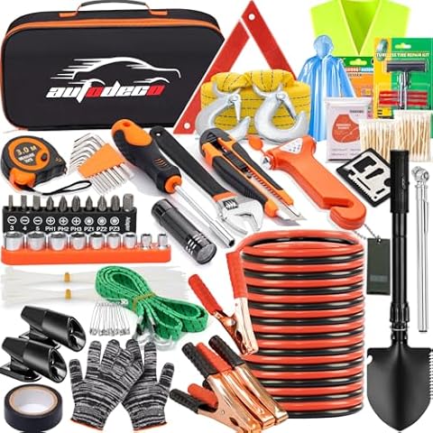 AUTODECO 82Pcs Car Roadside Emergency Kit with Jumper Cable - Automotive Safety Kit with Shovel Cover