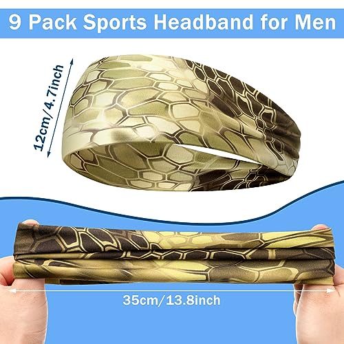 Image of 9 pcs Sweatbands for Men Workout Sport Headbands for Men Camo Headband Sweat Absorbing Headband Wide Sweatband for Head Basketball Football Cycling Running Yoga, 4.7 x 9.8 Inch