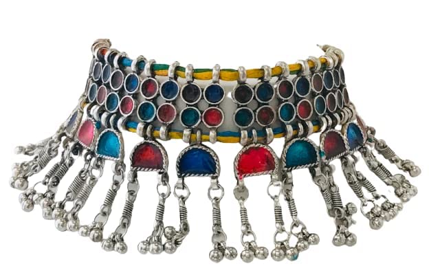 Sattyaki Antique Silver Oxidised Tribal Tibetan Afghani Bohemian Jewellery Choker Necklace with Short Drops with Enamel Minakari for Women and Girls (Multi) (B0C23PX7JJ) Amazon Price History, Amazon Price Tracker