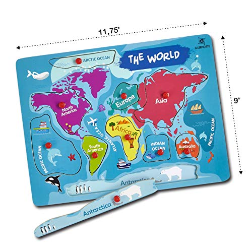 Gleeporte Wooden Peg Puzzle, World Map Theme - Learning Educational Pegged Puzzle for Toddler & Kids - 7 Continents & 4 Oceans (11 pcs)