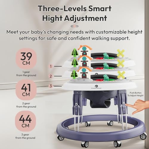 Image of StarAndDaisy Walker for Kids 6 to 24 Months /Baby Walker Boys & Girls with 360 Rotational Wheels, Toy tray & Padded Seat /Foldable Walker for Kids for 1 Year with Adjustable Height (Blue With toy tray)