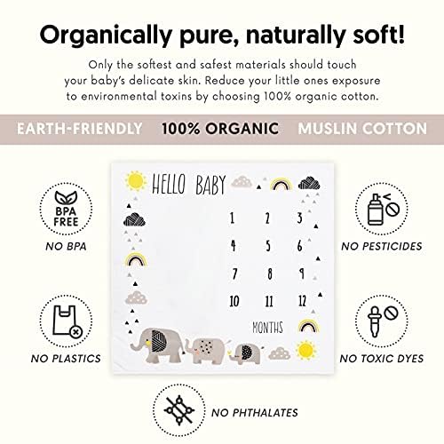 Image of Pondering Pine Organic Baby Monthly Milestone Blanket for Boy or Girl with Month Marker - Elephant Milestones Blanket, 1-12 Months, Gender Neutral, 47 inch X 47 inch