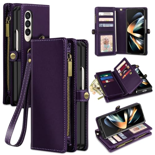 Bizzib for Samsung Galaxy Z Fold 4 Case Wallet, Full Shockproof Protection Drop Absorption Heavy Duty Leather Phone Cover with Card Holder Zip Pocket for Samsung Galaxy Z Fold 4-Dark Purple