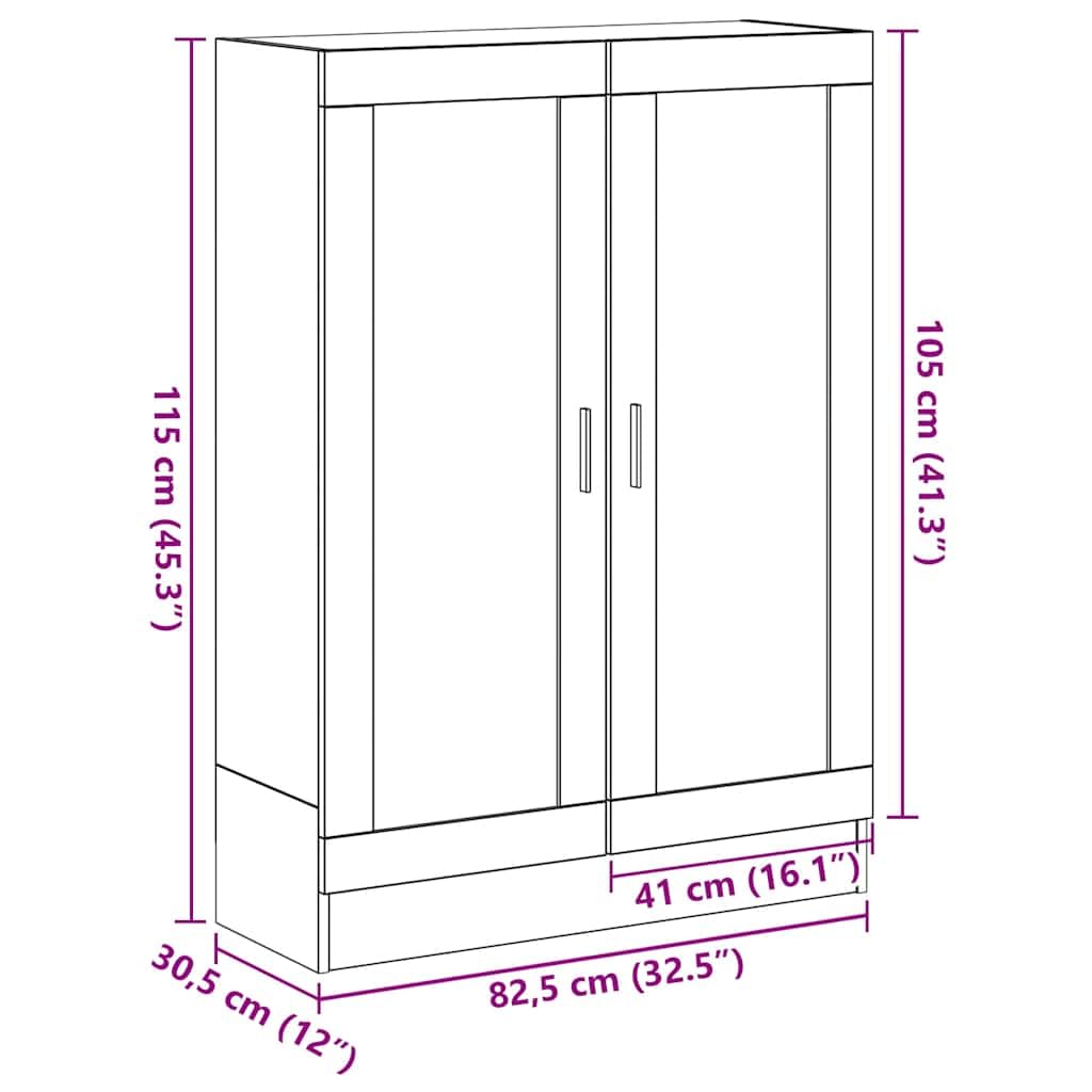 Bücherschrank Schwarz Eichen-Optik 82,5x30,5x115 cm Holzwerkstoff Regal mit 3 Fächern und Glastüren Stauraum für Bücher Aktenordner Deko Wohnzimmer Büro