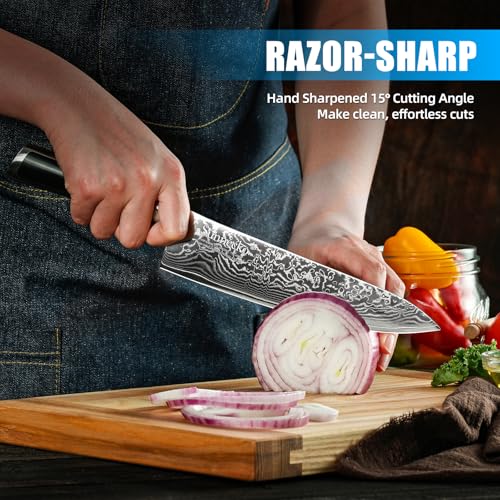 Image of Sunnecko Kitchen Knife Set of 3, Chef Knife Set Damascus Steel Knives Set for Kitchen Sharp VG10 Corn, Full Tang with Gift Box