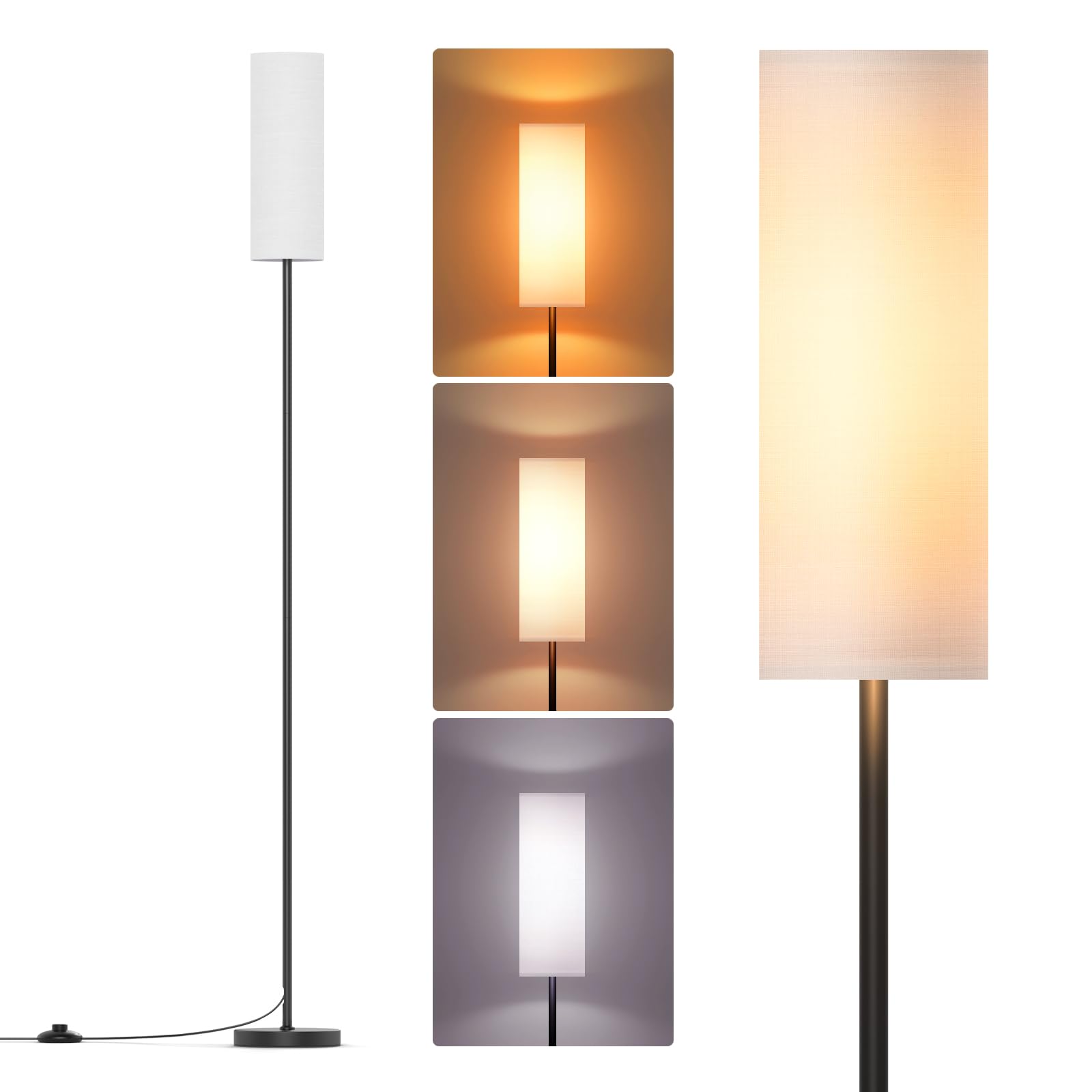 9W LED Stehlampe, Stehlampe Wohnzimmer Dimmbar, Stehleuchte mit 3 Farbtemperaturen, E27 Leselampe Standleuchte mit Leinen Lampenschirm & Fußschalter, Vintage für Schlafzimmer, Weiß