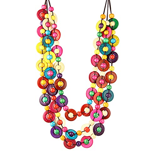 Collar de cuentas de madera de concha de coco bohemio, hecho a mano, con cuentas de madera étnica, collar largo de capas para mujeres y niñas