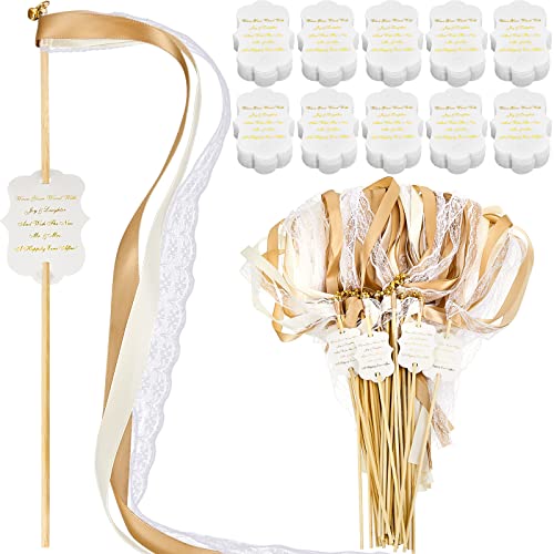 Taiyin 200 Pieces Ribbon Stick Wands with Lace Bells and Wedding Send Off Tags Wedding Gold Fairy Wand Streamer for Bridal Shower Party Holiday Celebrationn (Beige,Light Brown)