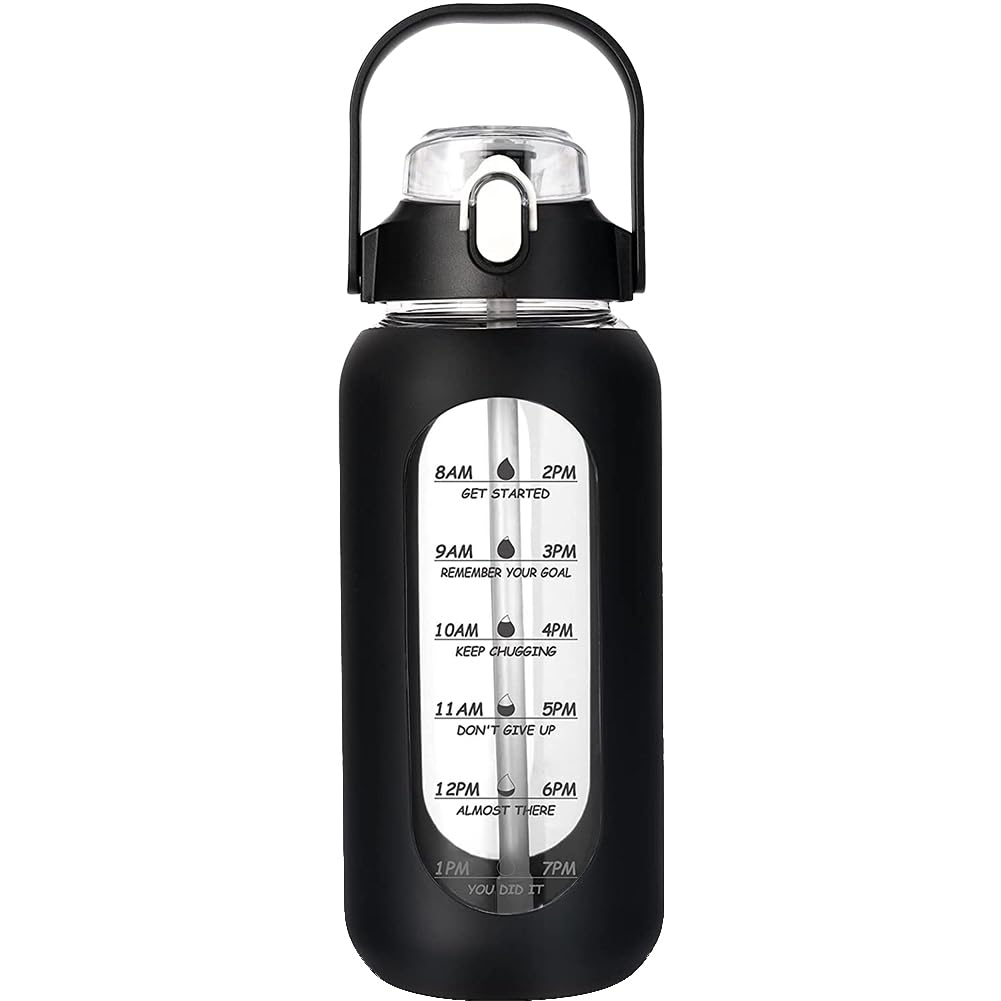 CTRLZS 64Oz Glass Water Bottles with Straw, Glass Bottle with Silicone Sleeve and Time Marker, for Gym Home Black