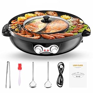 Hot Pot with Grill, 2000W 2 in 1 Electric Hot Pot Grill Cooker with Dual Temperature Control for 1-8 People, Multi-function Smokeless Shabu Korean BBQ Grill for Simmer, Boil, Fry, Roast