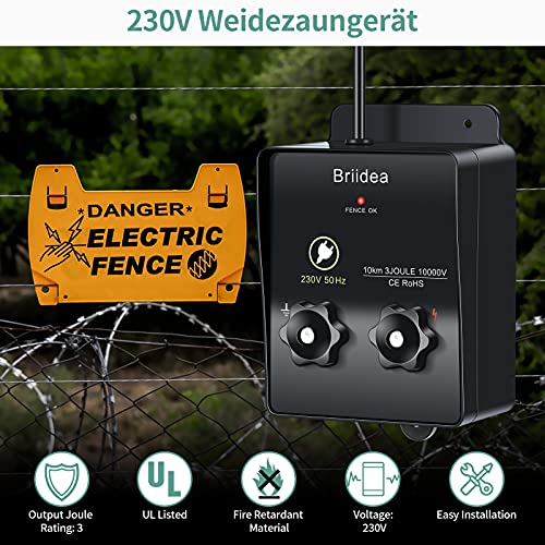 230V Weidezaungerät, Briidea 6.2 Meilen Elektrozaungerät für Hundezaun, Viehzaun, Eichhörnchen, verwendet für Gärten, Hühnerställe, Einfache Installation, 3 Joule