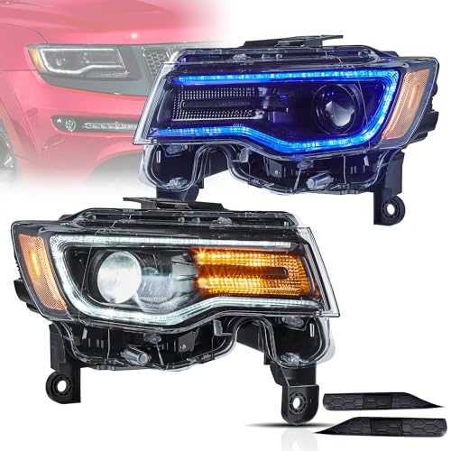 YUANZHENEG Headlights For Jeep Grand Cherokee WK2 2014-2021 4th Gen (Fourth Generation WK2) With Start Bule to White Dynamic Animation and Sequential Tun Signa Front Lamps Assembly Amber Reflector