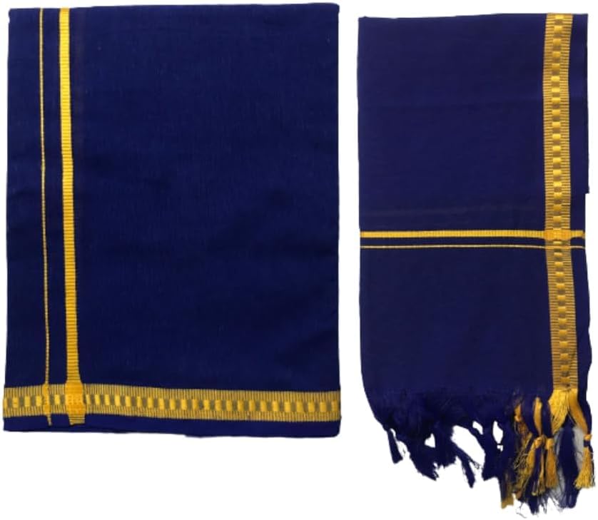 Kolakeer™ Men's Cotton Color Dhoti Angavastram Set - 1.9 Mtrs Dhoti with 1.2 Mtrs Angavastram - Kerala Pentex Mundu Set
