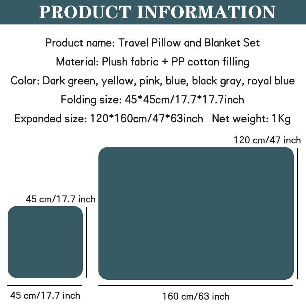 Set cuscino e coperta da viaggio, set coperta e cuscino in morbido peluche, con cerniera, cuscino e coperta da viaggio 2 in 1, coperta pieghevole per auto, necessità familiari (47 * 63 pollici)