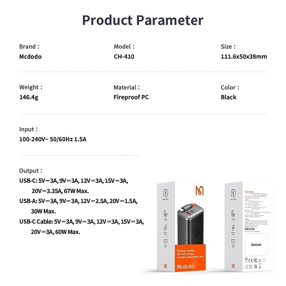 mcdodo Ładowarka USB C, 67 W, zasilacz USB C GaN, szybka ładowarka 3-portowa, do iPhone’a 16 15 14, Samsunga, MacBooka Pro (z chowanym kablem do ładowania)