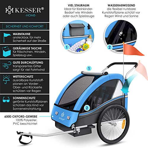 KESSER® Kinderanhänger Fahrradanhänger Sport-RX 2 in 1 Joggerfunktion Kinderfahrradanhänger + 5-Punkt Sicherheitsgurt 360Ḟ-Vorderrad Jogger Buggy Fahrrad Anhänger für 1 bis 2 Kinder max. 40kg, Blau