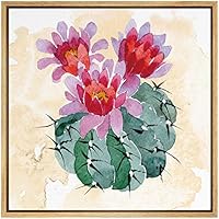 SIGNWIN Framed Canvas Wall Art Mammillaria Spinossisima Cactus with Pink and Red Flowers Botanical Succulent Watercolor Abstract Modern Relax/Calm for Living Room, Bedroom, Office - 16