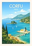 Corfu Grecia - Póster de viaje vintage, arte de pared costero mediterráneo, impresión de paisaje de isla griega, decoración de playa, tamaño A4