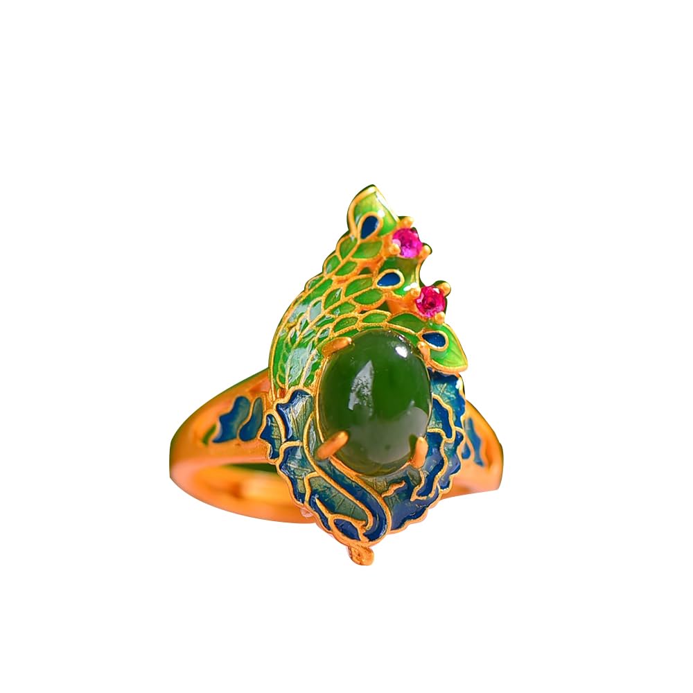 HMJGDHX S925 Silber vergoldet mit natürlichem Hotan-Jaspis-Emaille-Pfau-Ring (verstellbare Öffnung) für Damen, echt