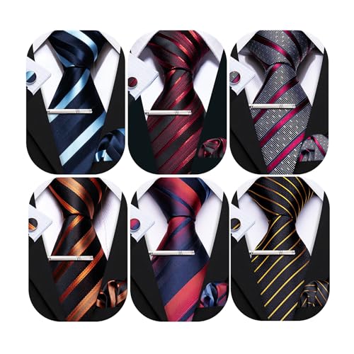 Image of Barry.Wang 6 PCS Men Ties Set Silk Business Fashion Woven Necktie Handkerchief Cufflinks Paisley Stripe Wedding Party