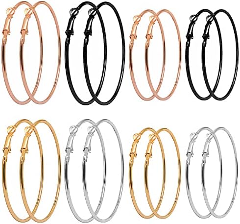 8 Pairs Big Hoop Earrings Bulk Hypoallergenic Stainless Steel Hoop Earrings Circle Fashion Big Hoop Earrings 4 Colors Large Hoop Earrings for Women Girls(Gold Plated, Rose Gold, Silver, Black)