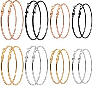 8 Pairs Big Hoop Earrings Bulk Hypoallergenic Stainless Steel Hoop Earrings Circle Fashion Big Hoop Earrings 4 Colors Large Hoop Earrings for Women Girls(Gold Plated, Rose Gold, Silver, Black)