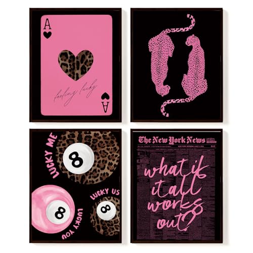 SkyCozy Pink and Black Room Decor, What If It All Works Out Positive Affirmations Wall Decor for Girls Dorm Bedroom, Trendy Retro Y2K Cheetah Lucky 8 Ball Wall Art Prints Set of 4, 8x10(Unframed)
