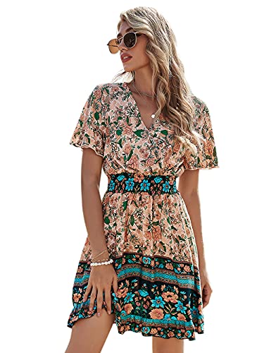 Robe péplum bohème chic fleurie abricot pour femme en taille L