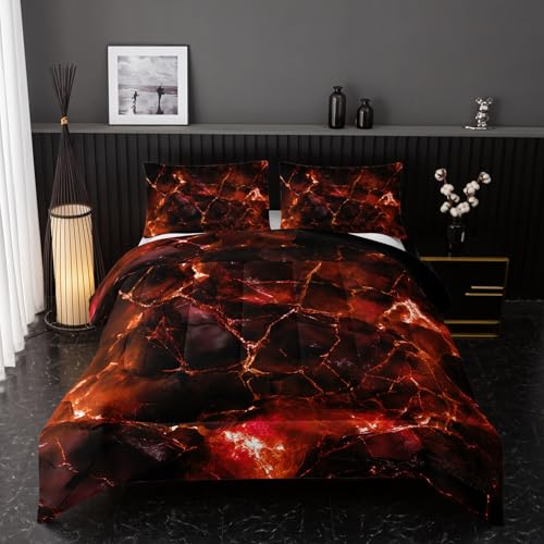 Image of Nttopship Orange Comforter Set Queen Size,Orange Marble Bedding Set 3 Pcs Bedding for Adults, Marble Room Decor with Comforter and 2 Pillowcases Soft and Lightweight B-Side Black