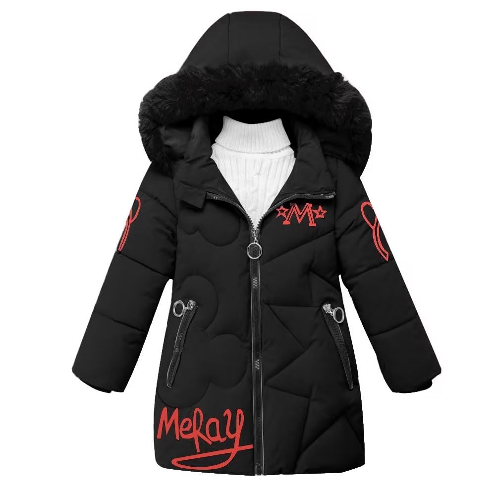 linboo Giacca invernale da ragazza con cappuccio in pelliccia rimovibile, caldo cappotto lungo per bambini, parka per attività all'aperto, con lettere e simpatici motivi