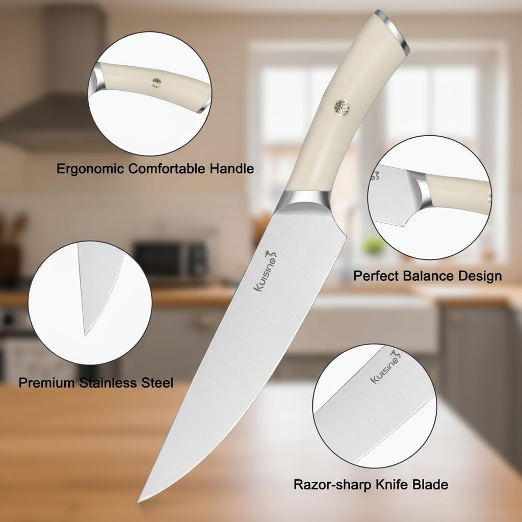 KUISINE Upgraded Knife Set High Carbon Stainless Steel Super Sharp Blade Ergonomic Rivet Handle,Knife Block Set with Built-in Sharpener(Ivory Acacia Pro,15PCS) - Image 5