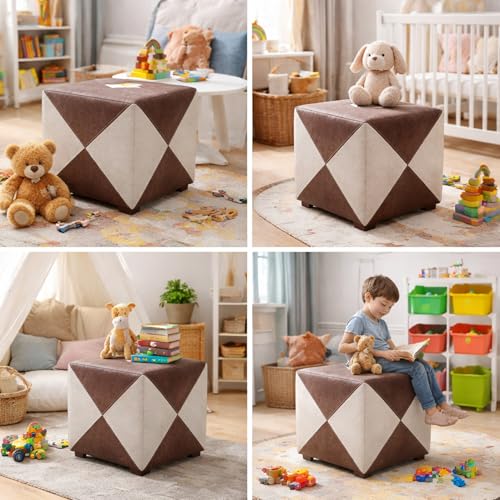 Image of APRODZ Printed Ottoman Stool Upholstered Foam Cushioned Pouffes for Living Room | Puffy Muddha Stool for Footrest & Sitting, Velvet Pouf Stool, Furniture for Home Decor, Office Set of 2(Beige /Brown)