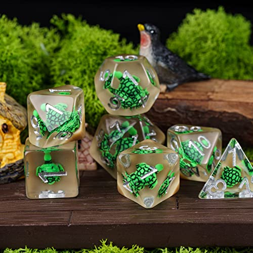 Image of Cusdie 7-Die DND Dice Set, Polyhedral Dice Filled with Green Turtle, for Role Playing Games