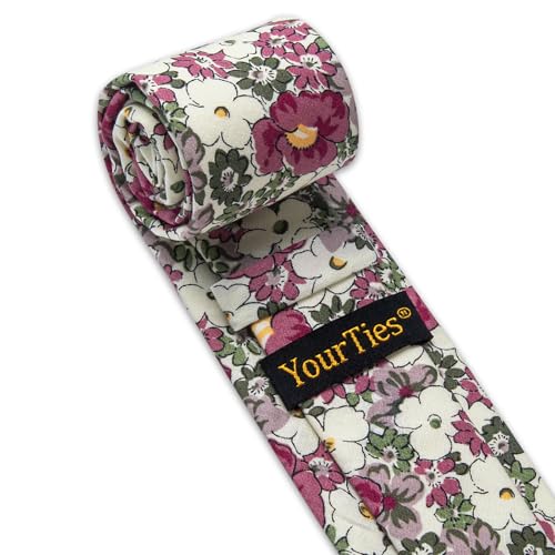Image of YourTies Cotton Floral Tie for Men 2.5 inch Printed Skinny Necktie Pocket Square Tie Clip Set Flower Wedding Party Groom